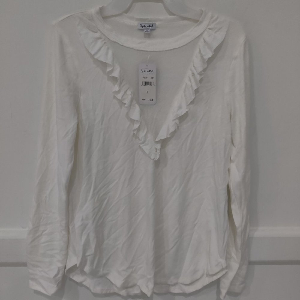 NWT Splendid Women's Ruffle Front Long Sleeve Ribbed Top White Sz M $90 3A016